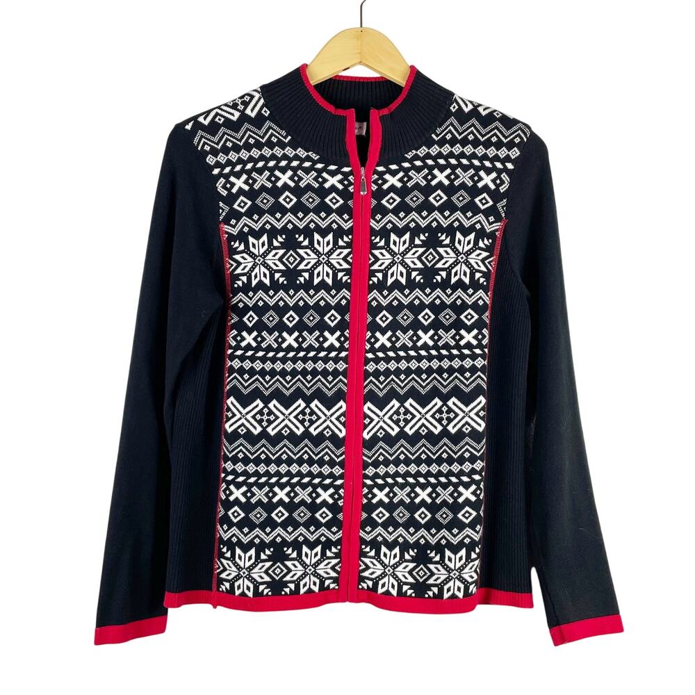 Christopher & Banks Women's Black Red Fair Isle Sweater Full Zip Mock Neck Sz S